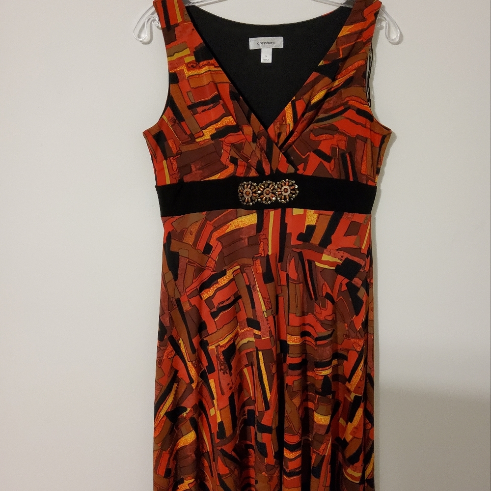 DRESSBARN ORANGE/BLACK FIT & FLARE ASYMMETRICAL SURPLICE SLEEVELES SZ 10 - Picture 6 of 10